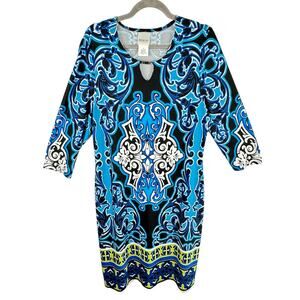 Bedford Fair Colorful 3/4 Sleeve Stretchy Mid Dress Bold Loud Party USA Size‎ M